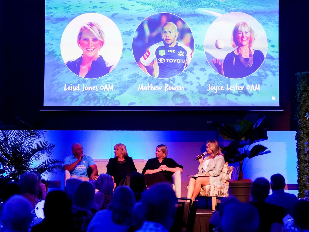 Panel of famous athletes Leisel Jones, Matthew Bowen and Loyce Lester conducting an interview on stage